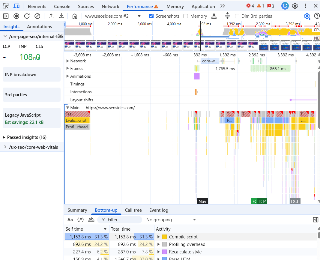 Chrome DevTools Performance panel showing a recorded click interaction with a long task highlighted in red on the main thread
